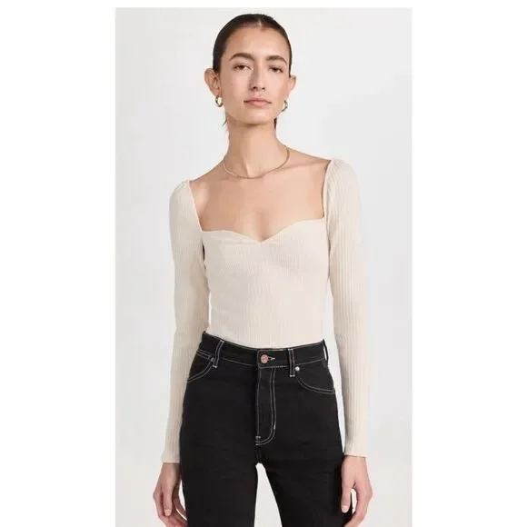 Reformation NWT October Knit Ribbed Long Sleeve Top in Bone Cream M - Picture 2 of 7